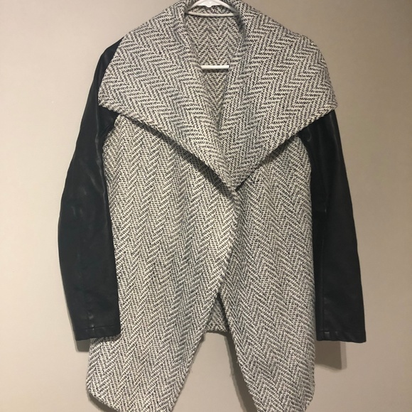 Open Front Cardigan w/Faux Leather Sleeves - Picture 2 of 3